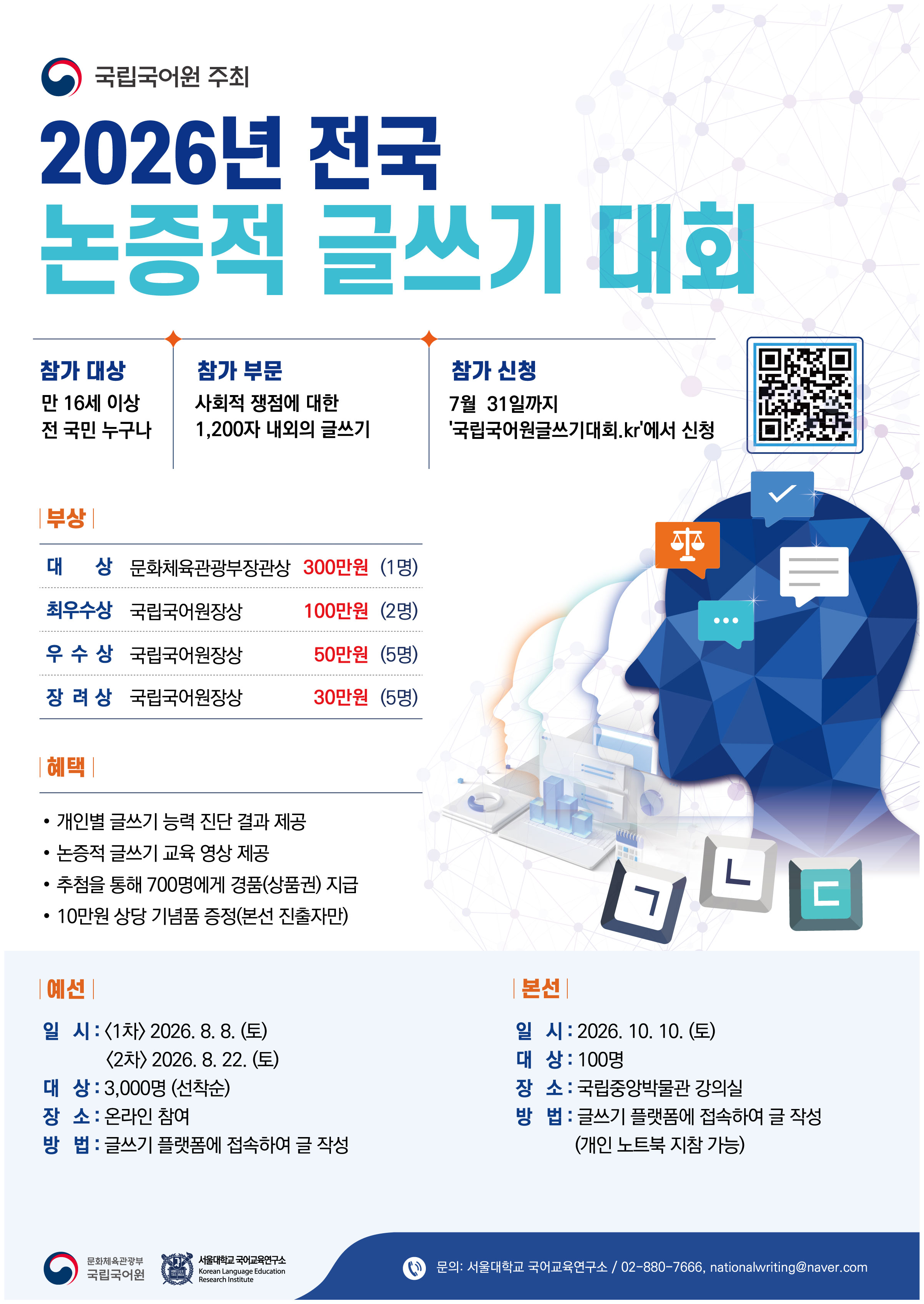 국립국어원 주최, 2026년 전국 논증적 글쓰기 대회, 참가 대상: 만 16세 이상 전 국민 누구나, 참가 부문: 사회적 쟁점에 대한 1,200자 내외의 글쓰기, 참가 신청: 7월 31일까지 '국립국어원글쓰기대회.kr'에서 신청, 신청 정보무늬, 부상: 대상:문화체육관광부장관상 300만 원(1명), 최우수상: 국립국어원장상 100만원(2명), 우수상: 국립국어원장상 50만원(5명), 장려상: 국립국어원장상 30만원(5명), 혜택: 개인별 글쓰기 능력 진단 결과 제공, 논증적 글쓰기 교육 영상 제공, 추첨을 통해 700명에게 경품(상품권) 지급, 10만원 상당 기념품 증정(본선 진출자만), 예선: 일시: 1차 2026. 8. 8.(토), 2차 2026. 8. 22.(토), 대상: 3,000명(선착순), 장소: 온라인 참여, 바업ㅂ: 글쓰기 플랫폼에 접속하여 글 작성, 본선: 일시: 2026. 10. 10.(토), 대상: 100명, 장소: 국립중앙박물관 강의실, 방법: 글쓰기 플랫폼에 접속하여 글 작성(개인 노트북 지참 가능), 문화체육관광부 국립국어원, 서울대학교 국어교육연구소 Koresan Language Education Research Institute, 문의: 서울대학교 국어교육연구소/02-880-7666 nationalwriting@naver.com